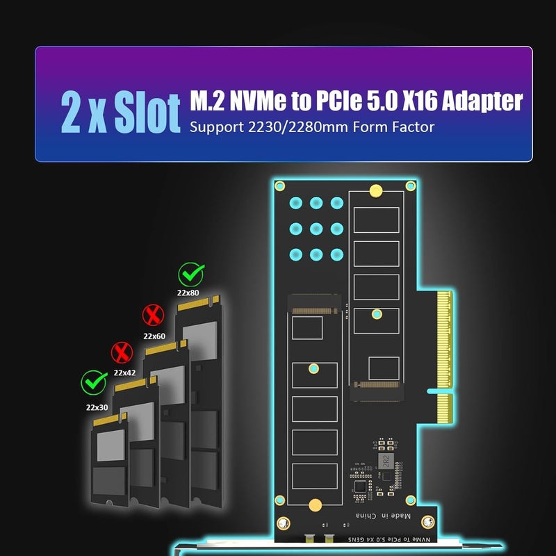 GLOTRENDS PA52L Dual M.2 NVMe to PCIe 5.0 X8 Adapter Without PCIe Bifurcation, Setup Soft M.2 NVMe RAID via OS Tool (PCIe Bifurcation Motherboard is Required) - Image 4